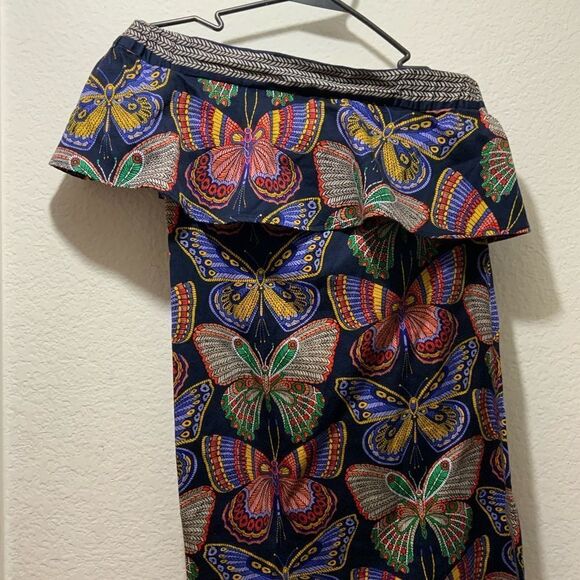 Trina Turk Summer Dress Butterfly Print Off Shoulder Black Colorful Mini XS - Picture 3 of 11